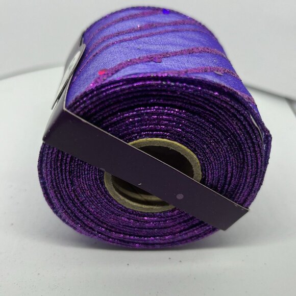 New 2.5" x 25' Wired Ribbon Sheer Lavender Purple W/ Fuchsia Pink Glitter Stripe - Picture 3 of 3